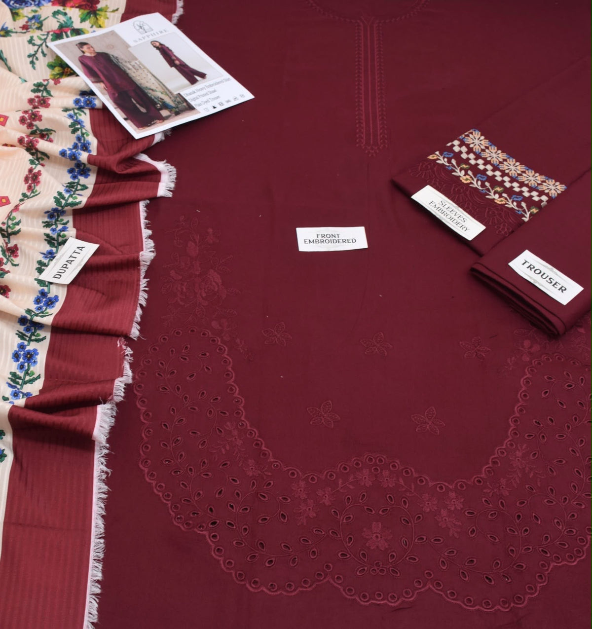 SAPPHIRE 3-Piece Dhanak Embroidered Suit Unstitched