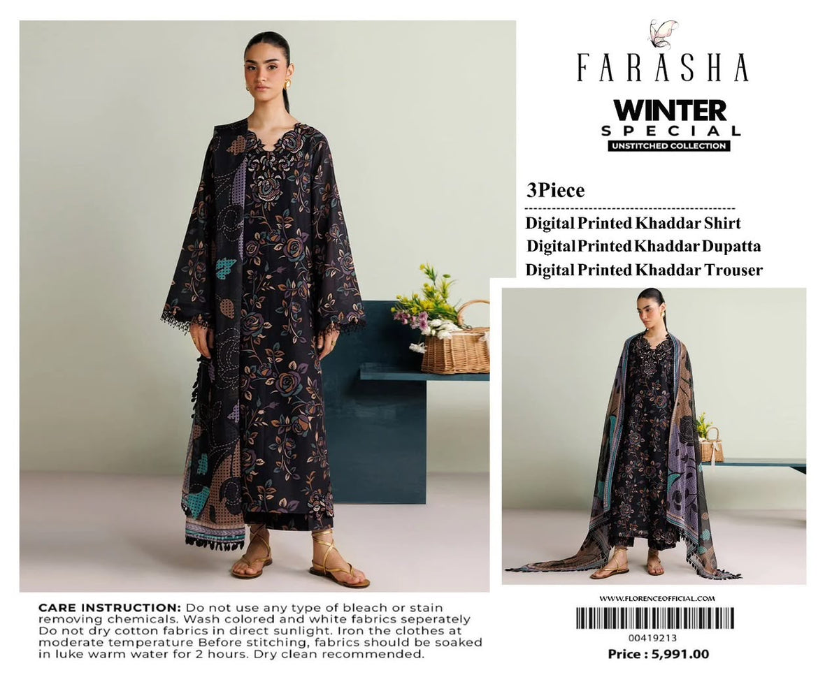 Farasha 3-piece khaddar Digital Printed unstitched