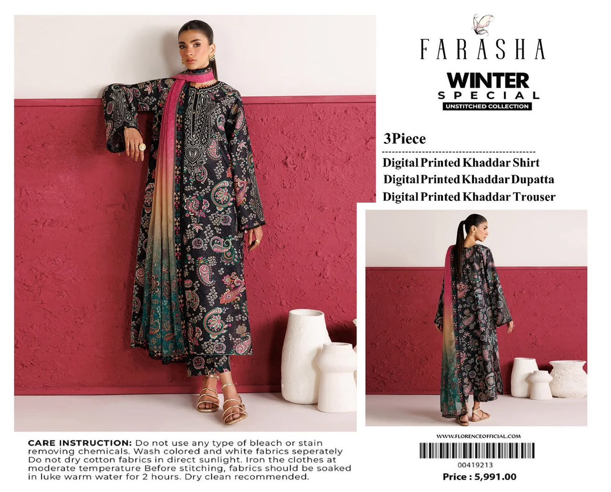 Farasha 3-piece khaddar Digital Printed unstitched