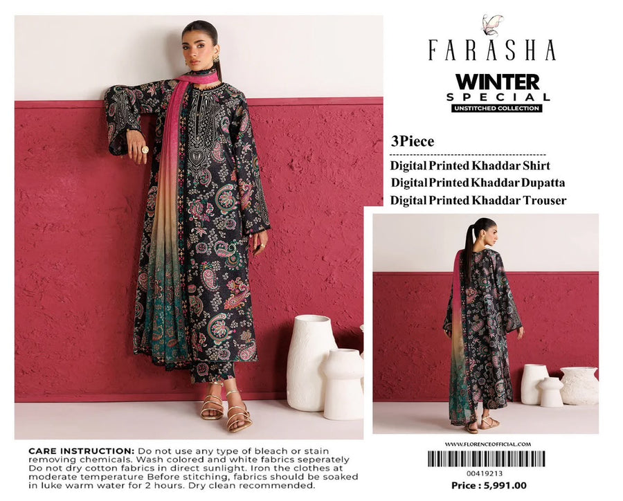 Farasha 3-piece khaddar Digital Printed unstitched
