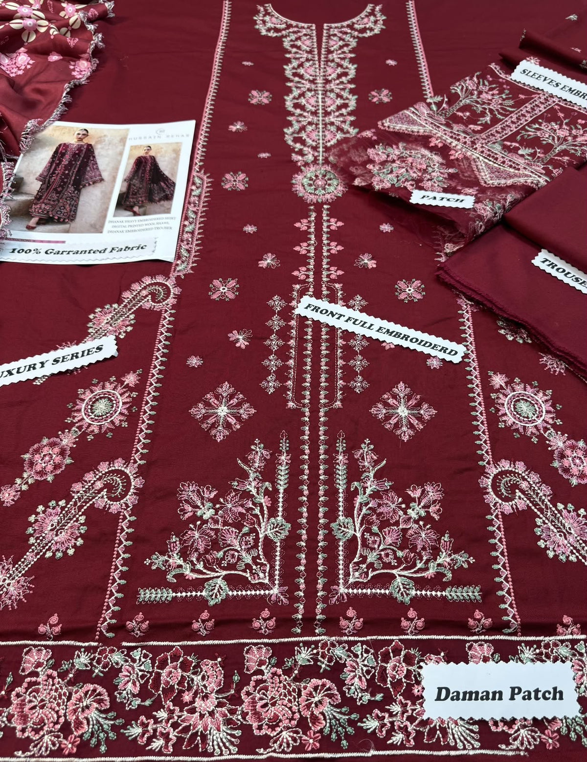 HUSSAIN REHAR LUXURY EMBROIDERED DHANAK 3-Piece Unstitshed Suit