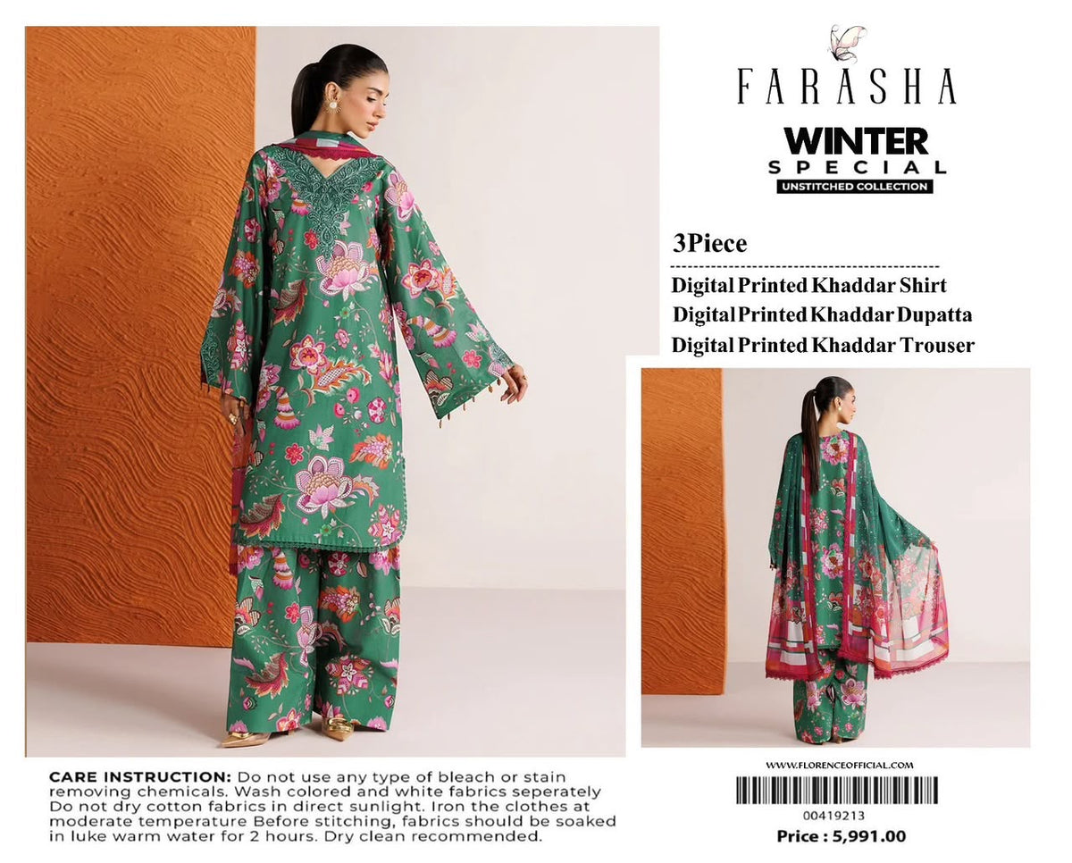 Farasha 3-piece khaddar Digital Printed unstitched