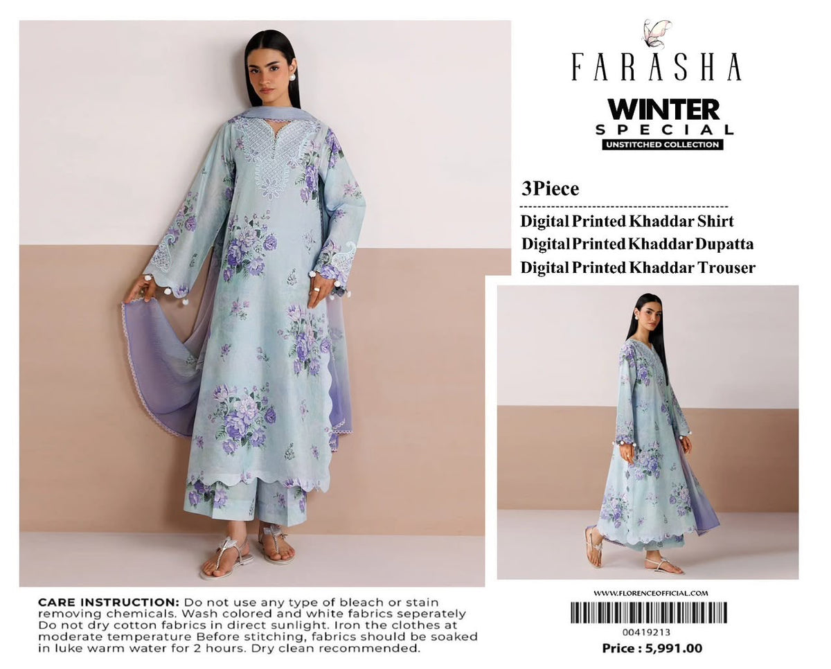 Farasha 3-piece khaddar Digital Printed unstitched