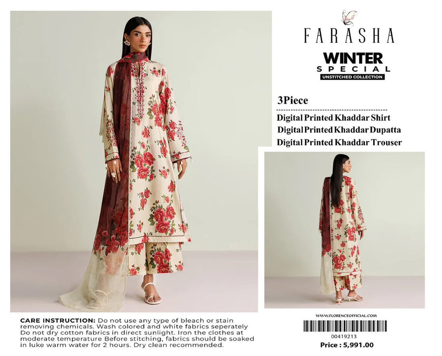 Farasha 3-piece khaddar Digital Printed unstitched