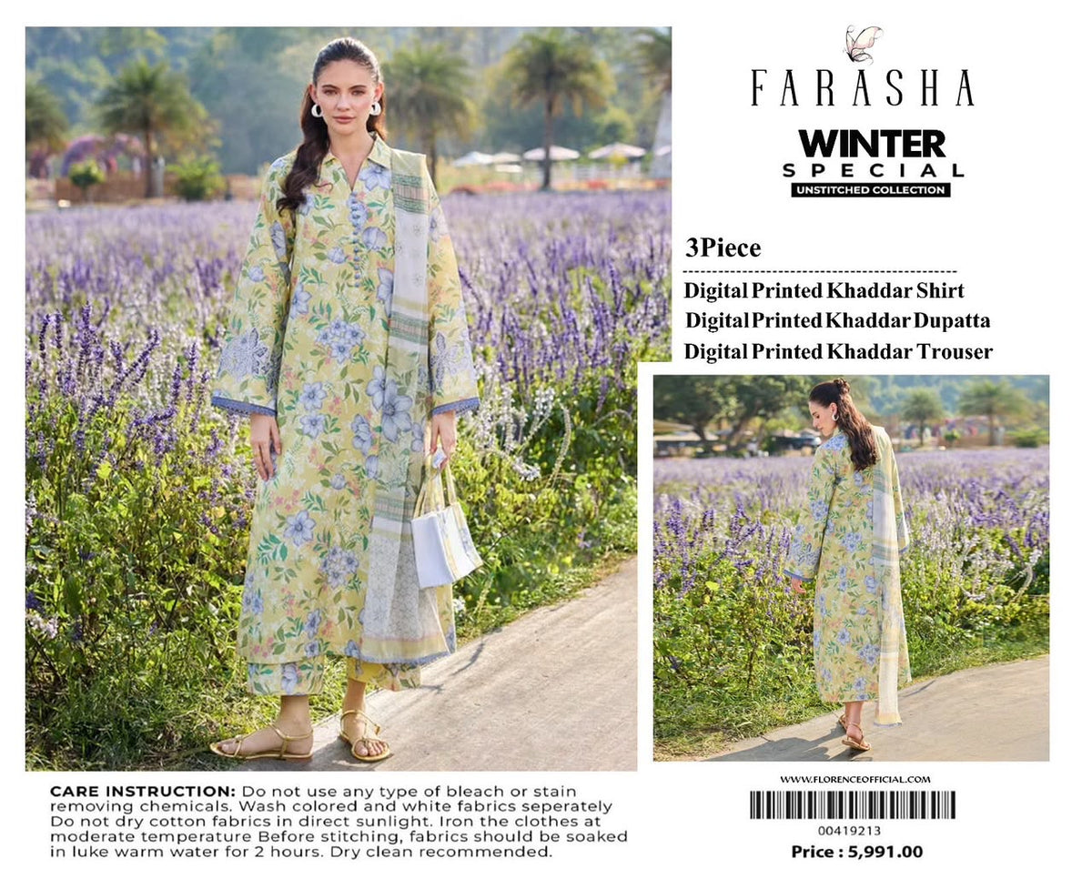 Farasha 3-piece khaddar Digital Printed unstitched