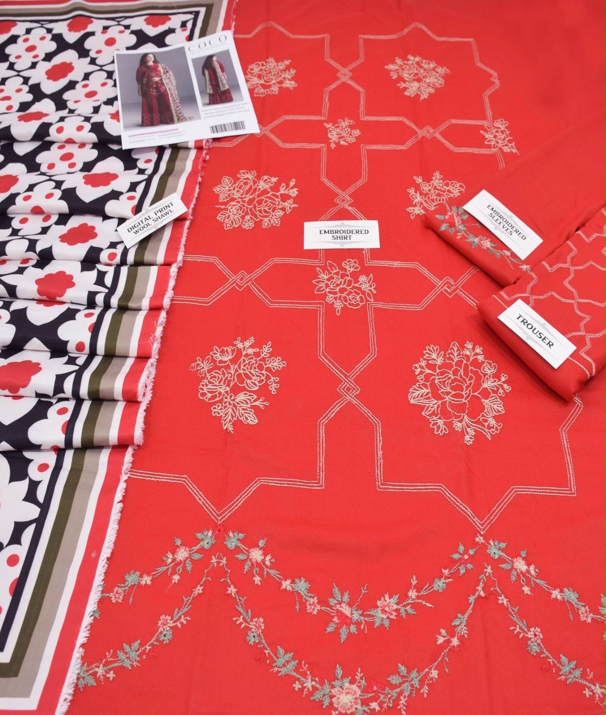 COCO BY ZARA SHAHJAHAN 3-Piece Embroidered Dhanak Suit Unstitched