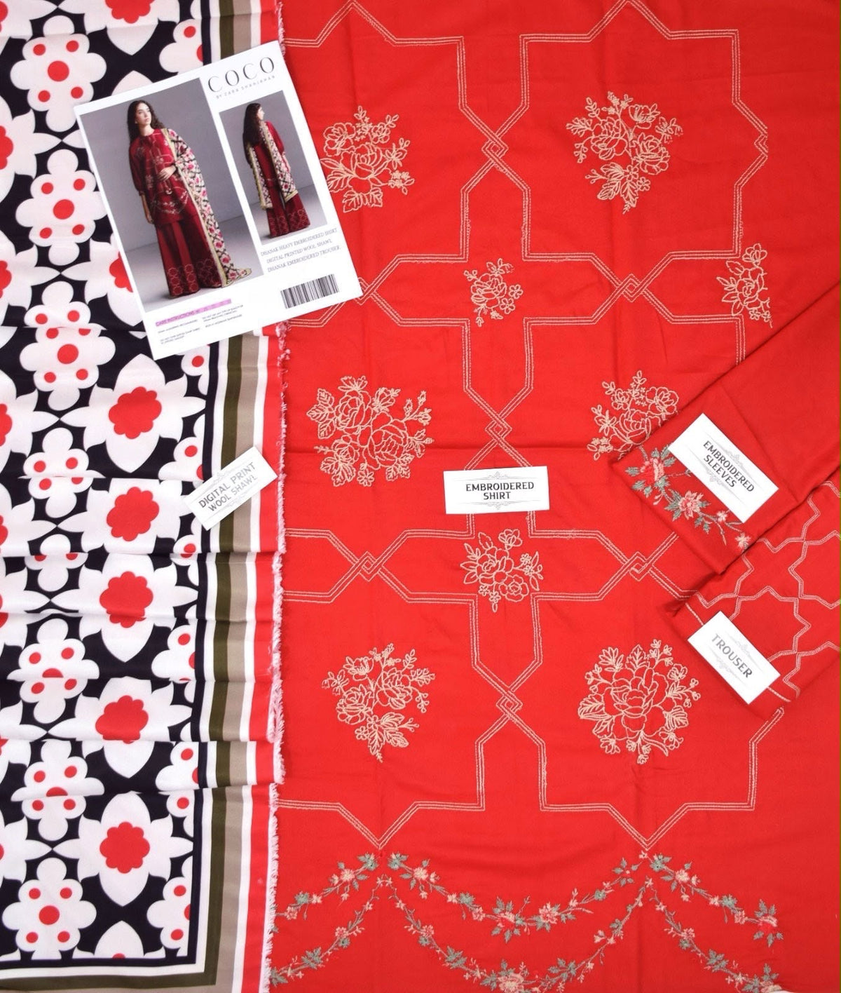 COCO BY ZARA SHAHJAHAN 3-Piece Embroidered Dhanak Suit Unstitched