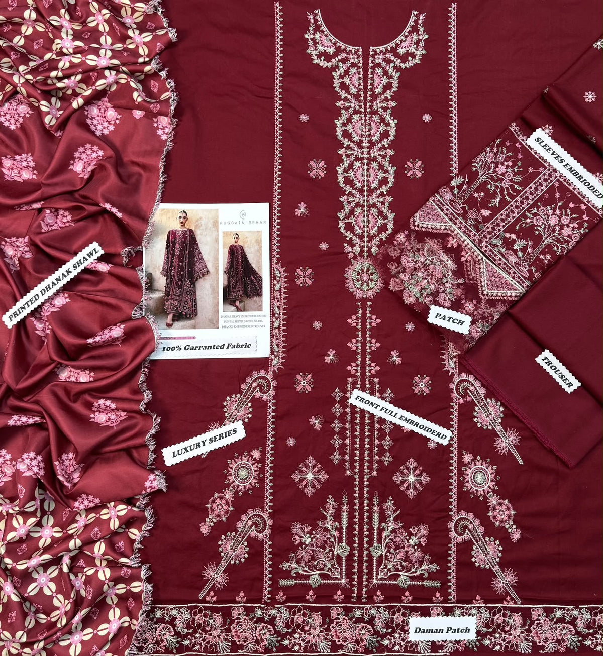 HUSSAIN REHAR LUXURY EMBROIDERED DHANAK 3-Piece Unstitshed Suit