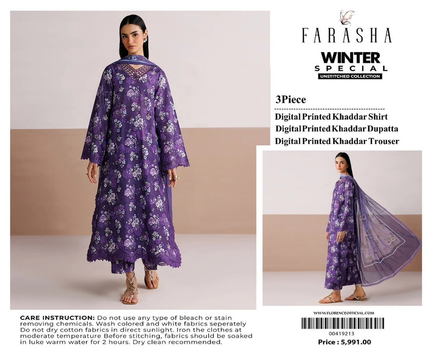 Farasha 3-piece khaddar Digital Printed unstitched