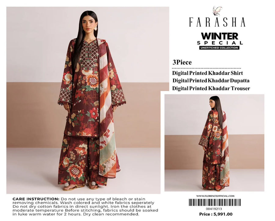 Farasha 3-piece khaddar Digital Printed unstitched