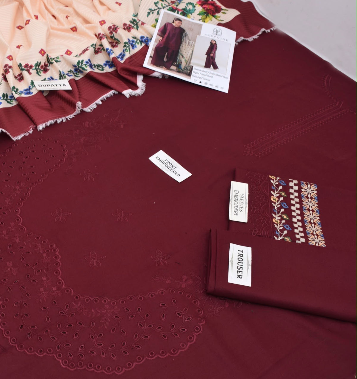 SAPPHIRE 3-Piece Dhanak Embroidered Suit Unstitched