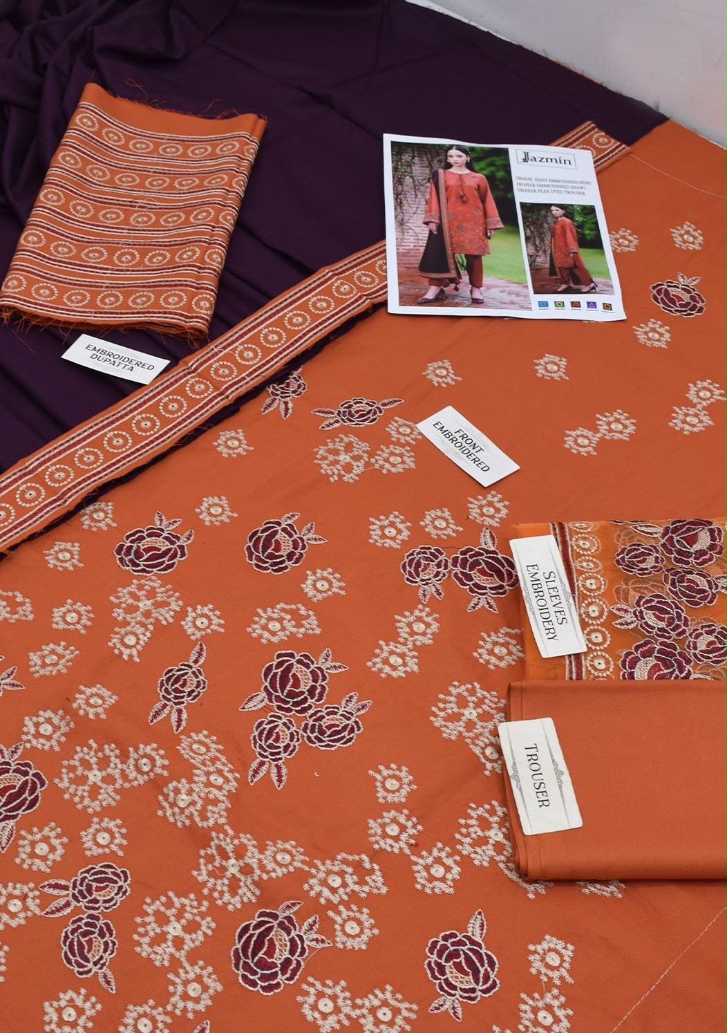 JAZMIN BRAND DHANAK EMBROIDERED SUIT 3-PIECE UNSTITCHED